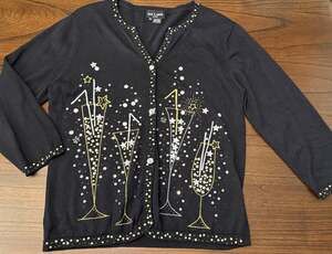 Jack B. Quick Champagne Bejeweled Black Cardigan Party New Years Sweater XL